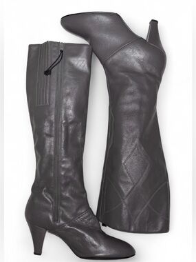 VTG Cobbies Gray Leather Knee High Boots Side Zip Cone Heel Stitch Detail Size 9